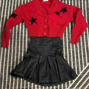Girls Marni Red Star Cardigan and Girls Zara Black Pleated Skirt Set